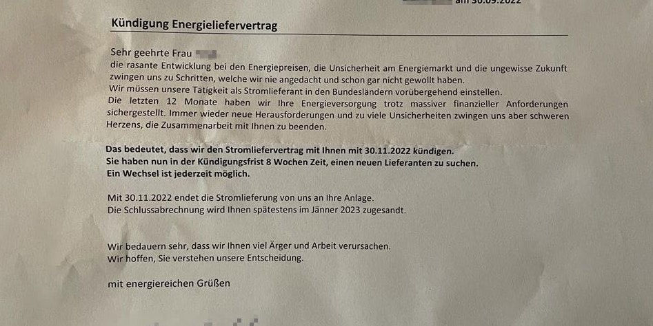 Der Brief des Energie-Anbieters mit der Kündigung sorgte bei der Kundin für Empörung.