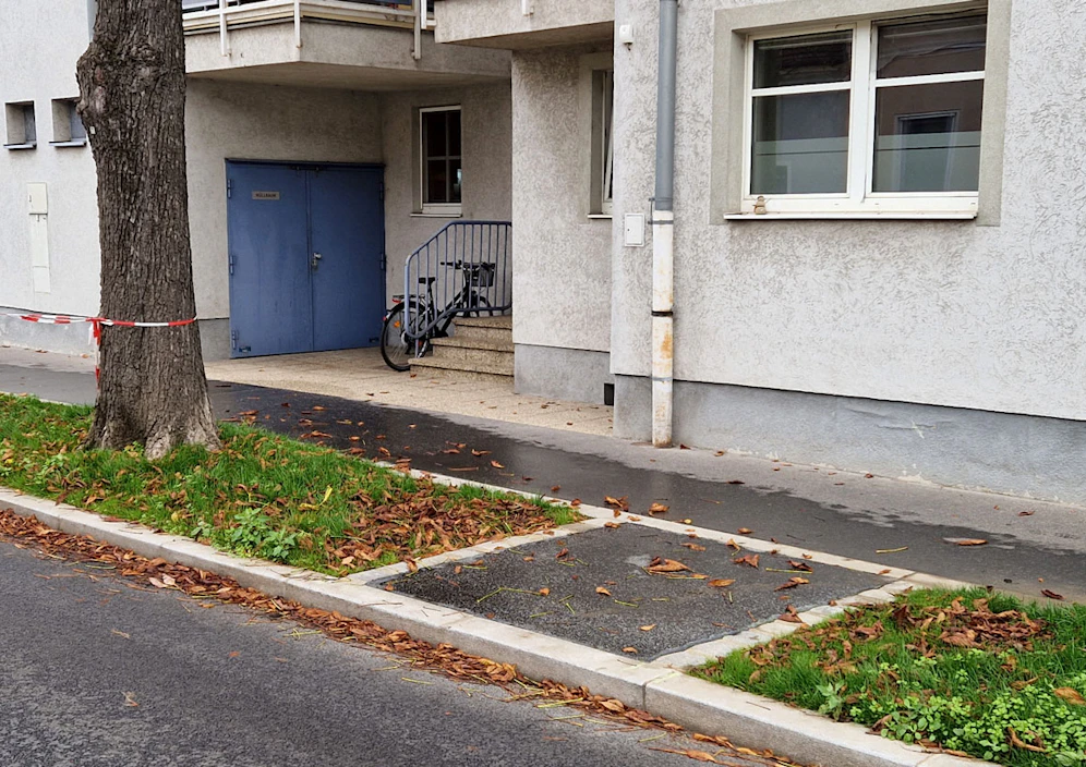 Hier wurde der Grünstreifen unterbrochen, damit die Mitarbeiter der MA 48 wieder auf direktem Wege zum Haus gelangen können. Die hohe Kante ist allerdings noch nicht ideal: Müllmänner müssen heftig ziehen und schieben, um die Container über den Streifen zu bugsieren.