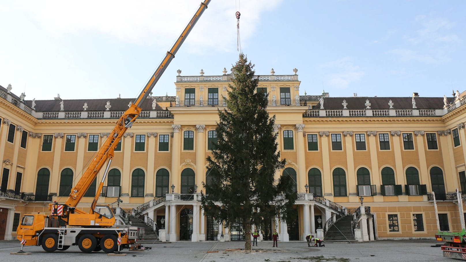 Die Fichte steht seit heute Morgen am Schloss Schönbrunn – feierlich beleuchtet wird der Baum dann am 19. November. Dazu: Chorgesang und feierliche Atmosphäre.