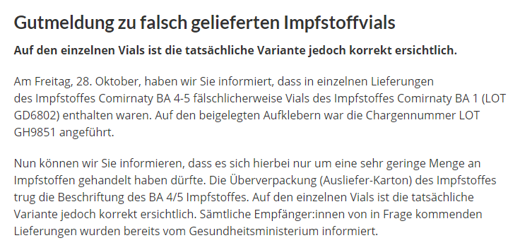 Die Ärztekammer NÖ informierte auf ihrer Homepage über die falsch beschrifteten Covid-Impfdosen.