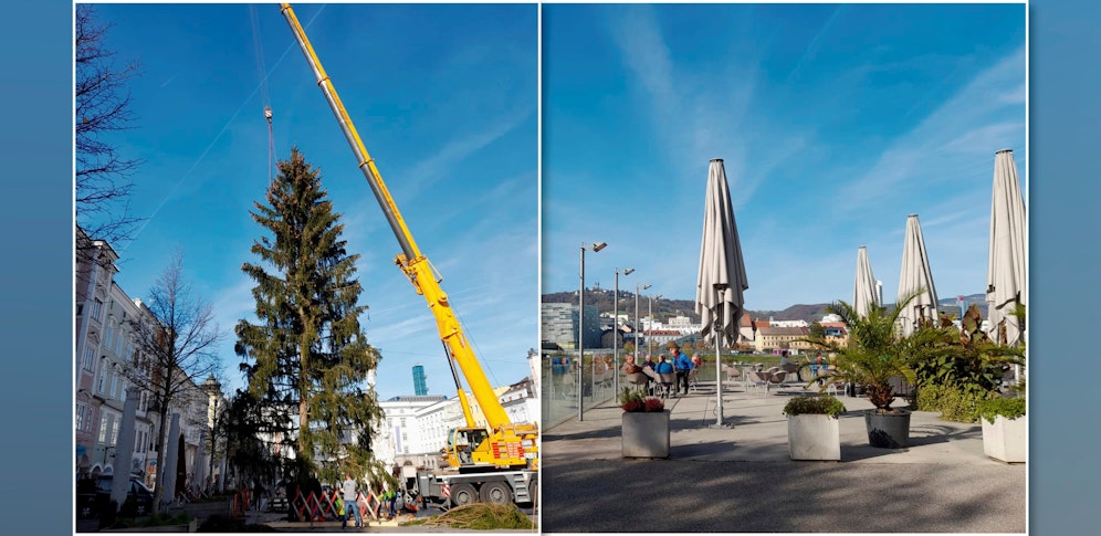 Während die Fichte aufgestellt wurde, saßen die Menschen im Sonnenschein im Gastgarten.