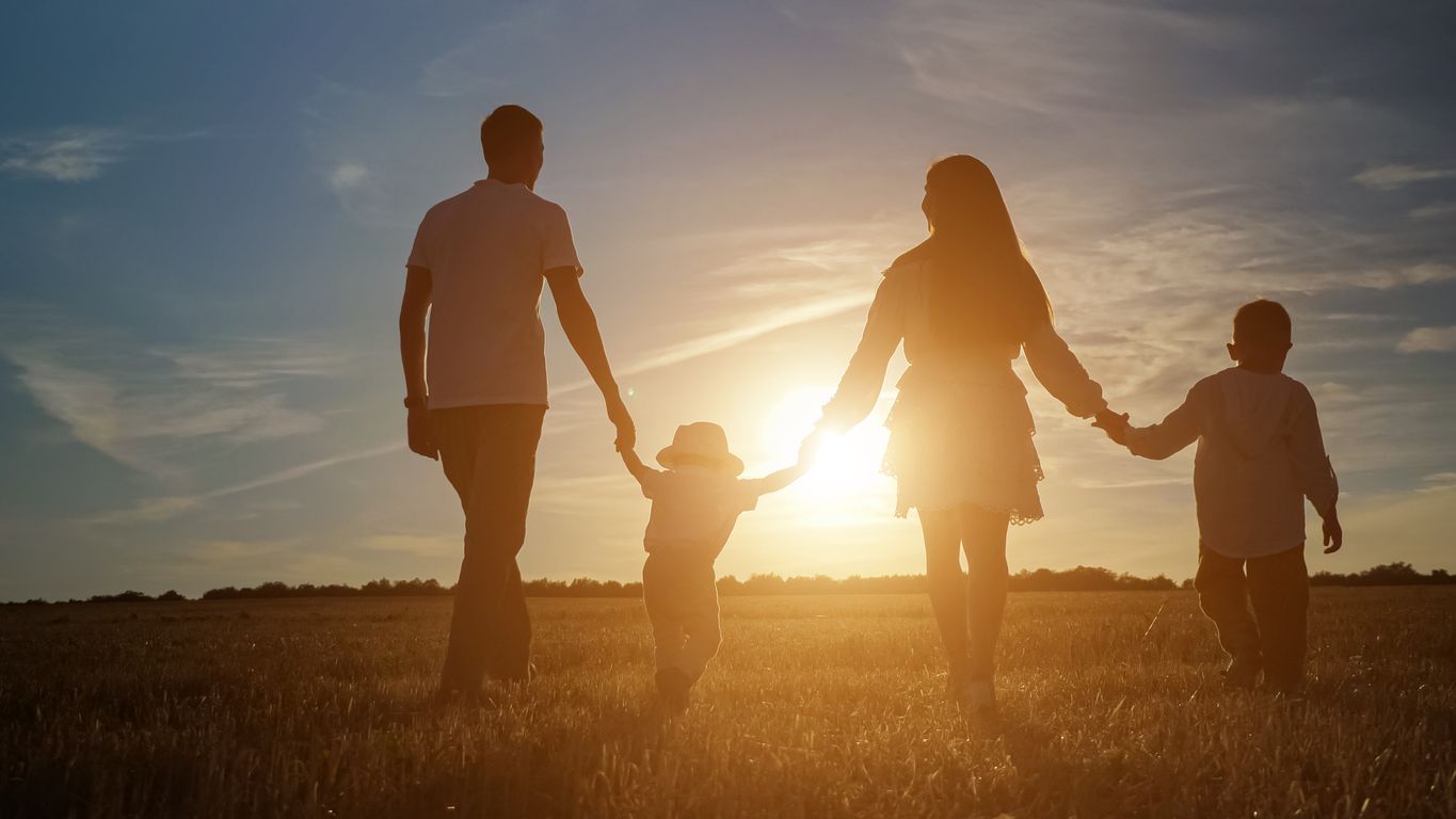 Family with children sons silhouettes walks joining hands along shadowed field at back setting sun in summer under blue sky backside view, sunlight