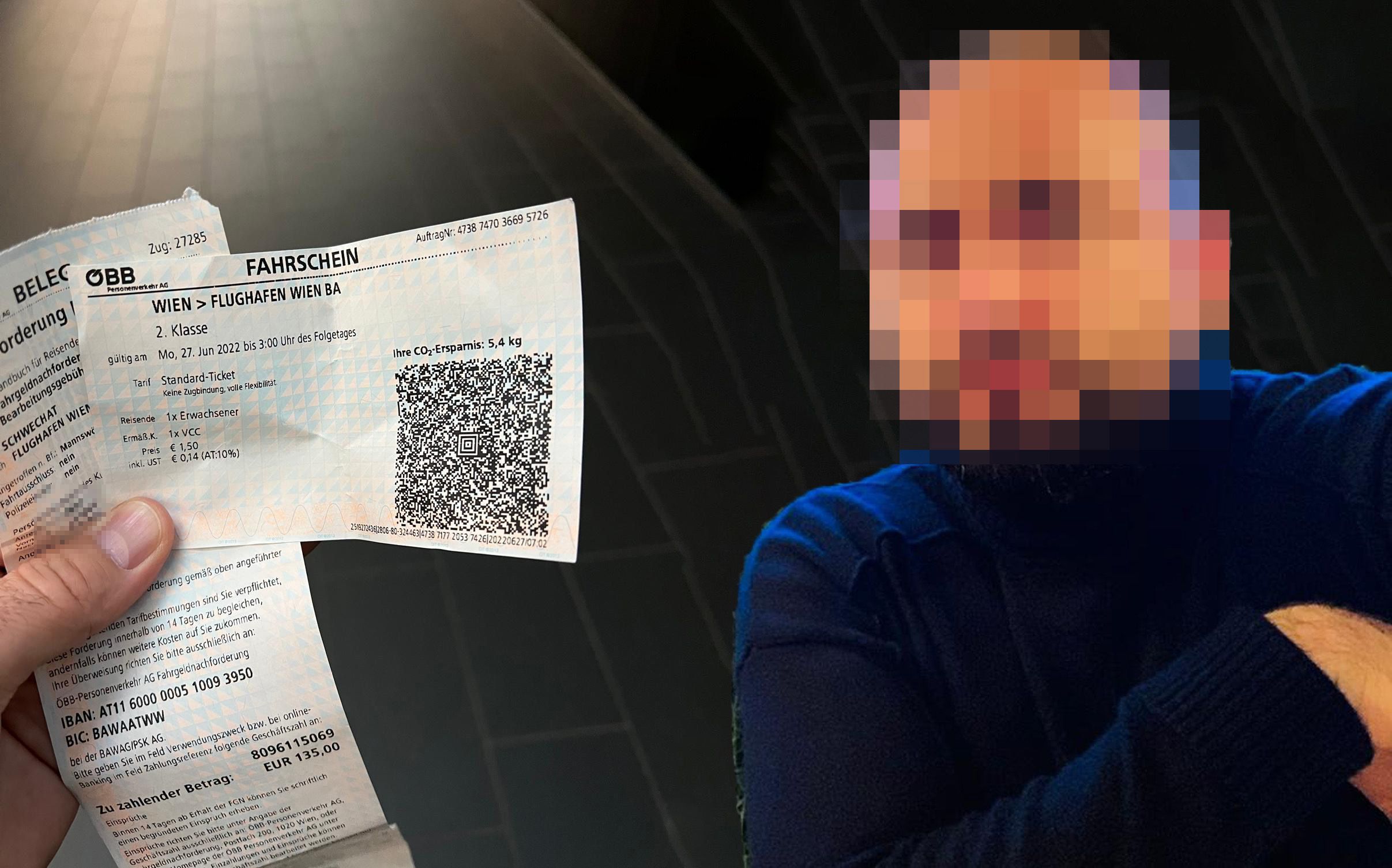 Der Wiener (r.) mit seinem gelösten Ticket. Trotzdem bekam er eine Schwarzfahr-Strafe von den ÖBB-Kotrolleuren.