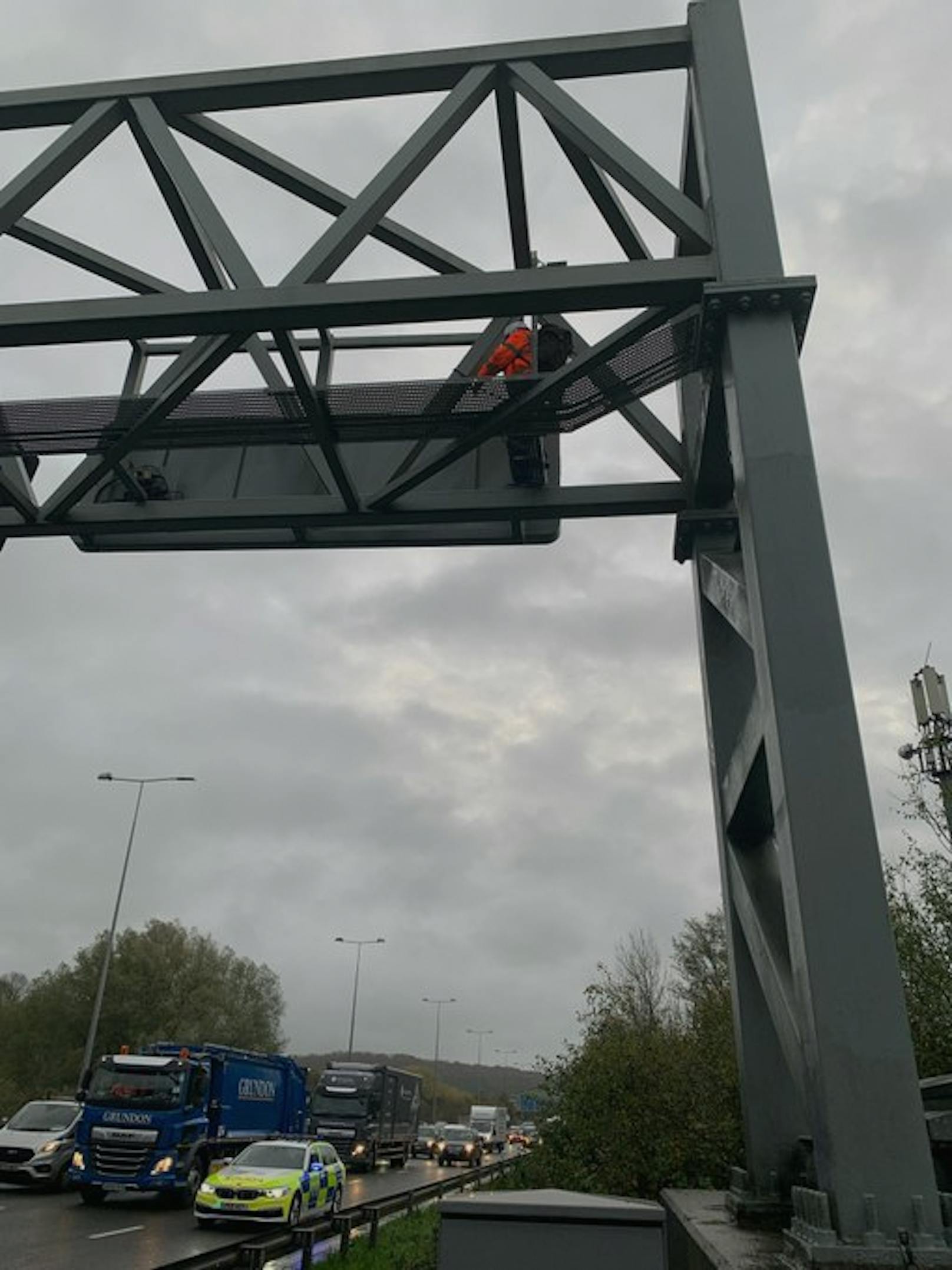 Aktivisten kletterten auf Überkopfwegweiser.