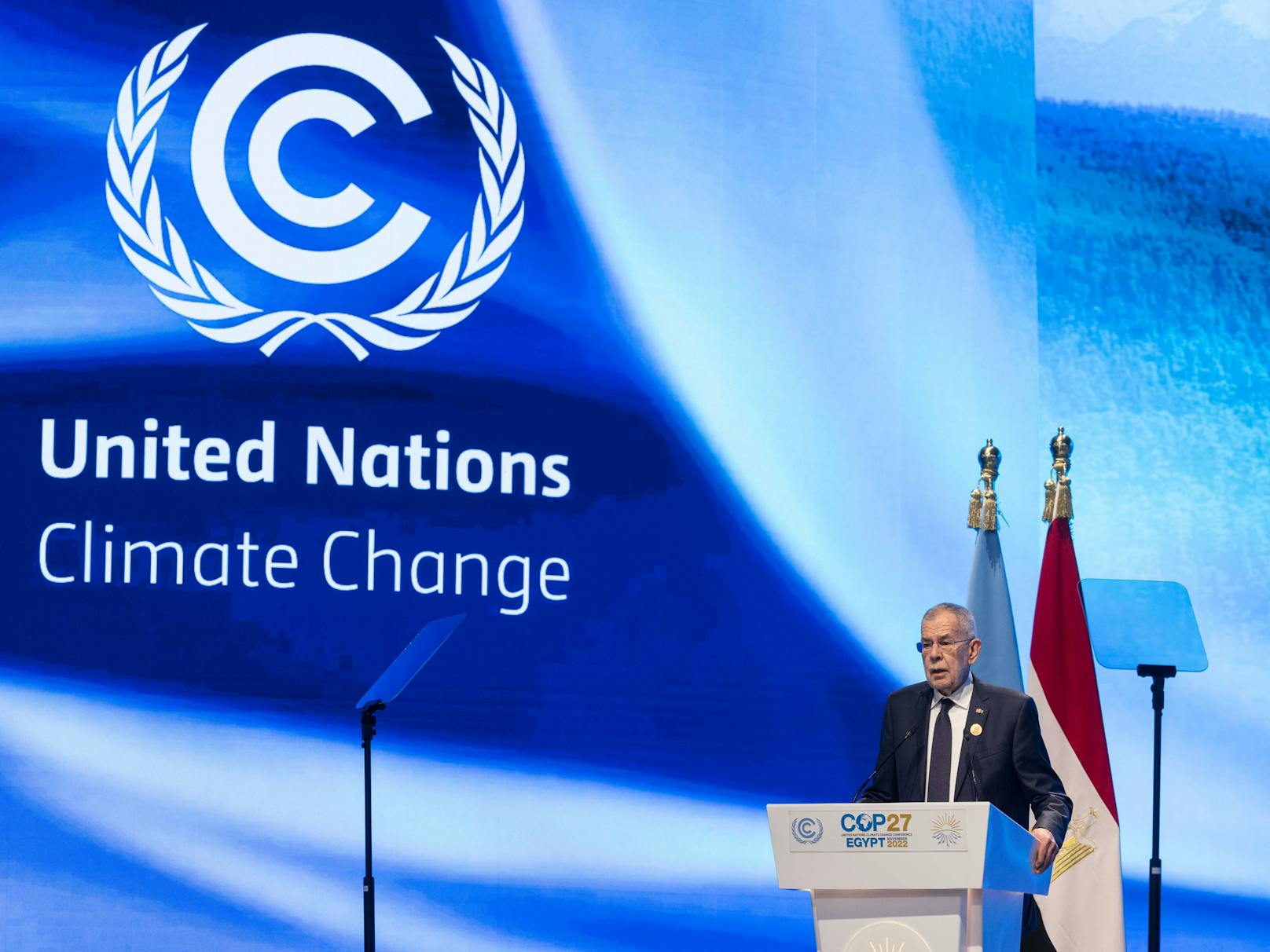 Bundespräsident Alexander Van der Bellen bei seiner Rede am Dienstag bei der COP27 in Sharm el-Sheikh.