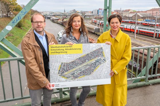Bezirksvorsteher Dietmar Baurecht, Stadträtin Ulli Sima (beide SP) und ÖBB Infrastruktur-Vorständin Silvia Angelo präsentierten die ersten Pläne für das Areal.