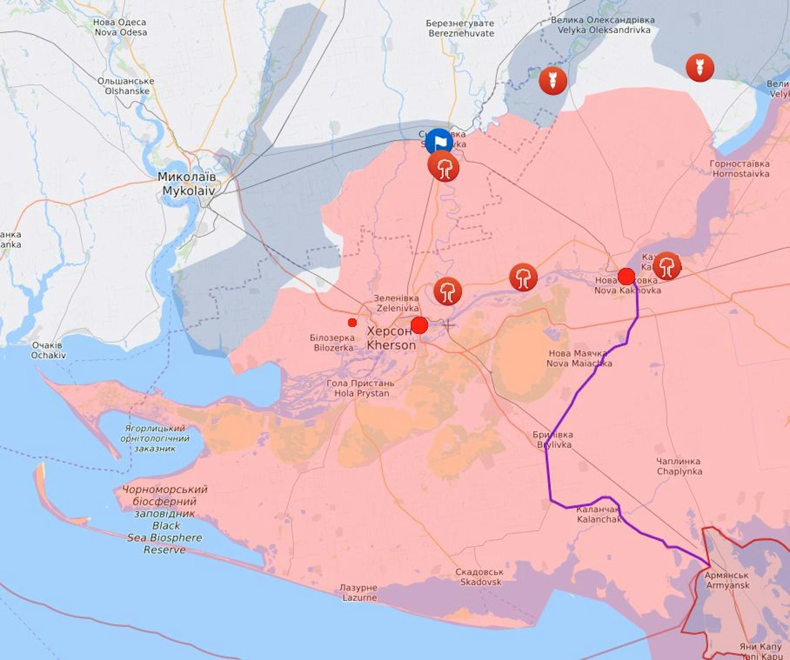 In Rot die bis zu diesem Datum von Russen besetzten, in Blau die durch die Ukraine wieder befreiten Gebiete rund um Cherson.