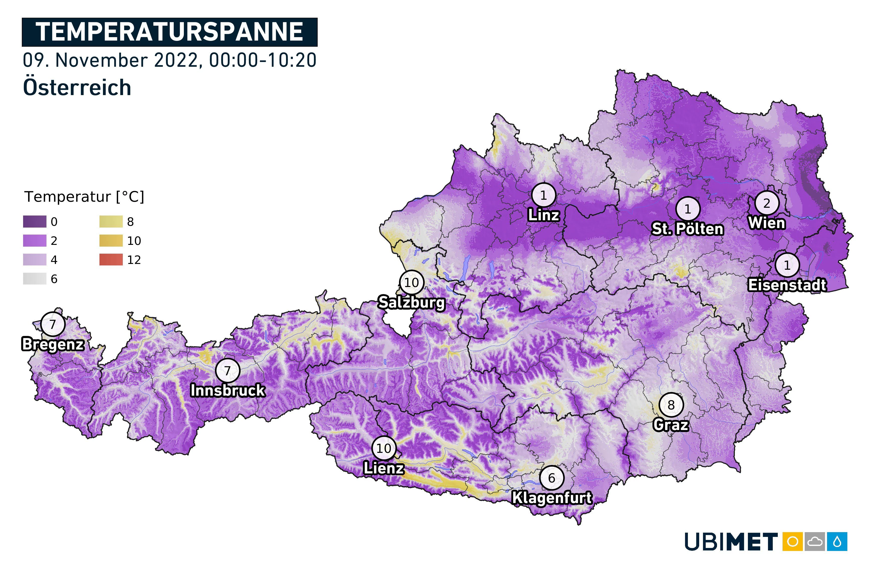 Temperaturspanne zwischen Nacht und 10.20 Uhr am Mittwoch.