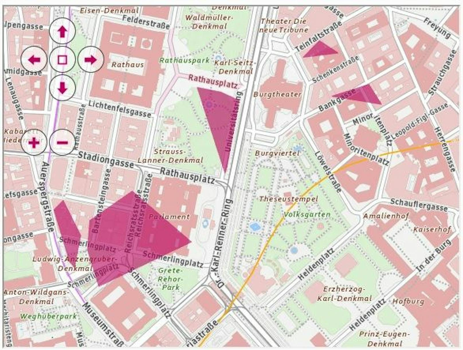 Störungskarte zeigt: Der Universitätsring, die Reichsratstrsaße, der Schmerlingplatz, die Auerspergstraße, sowie Gassen hinter dem Burgtheater waren betroffen.