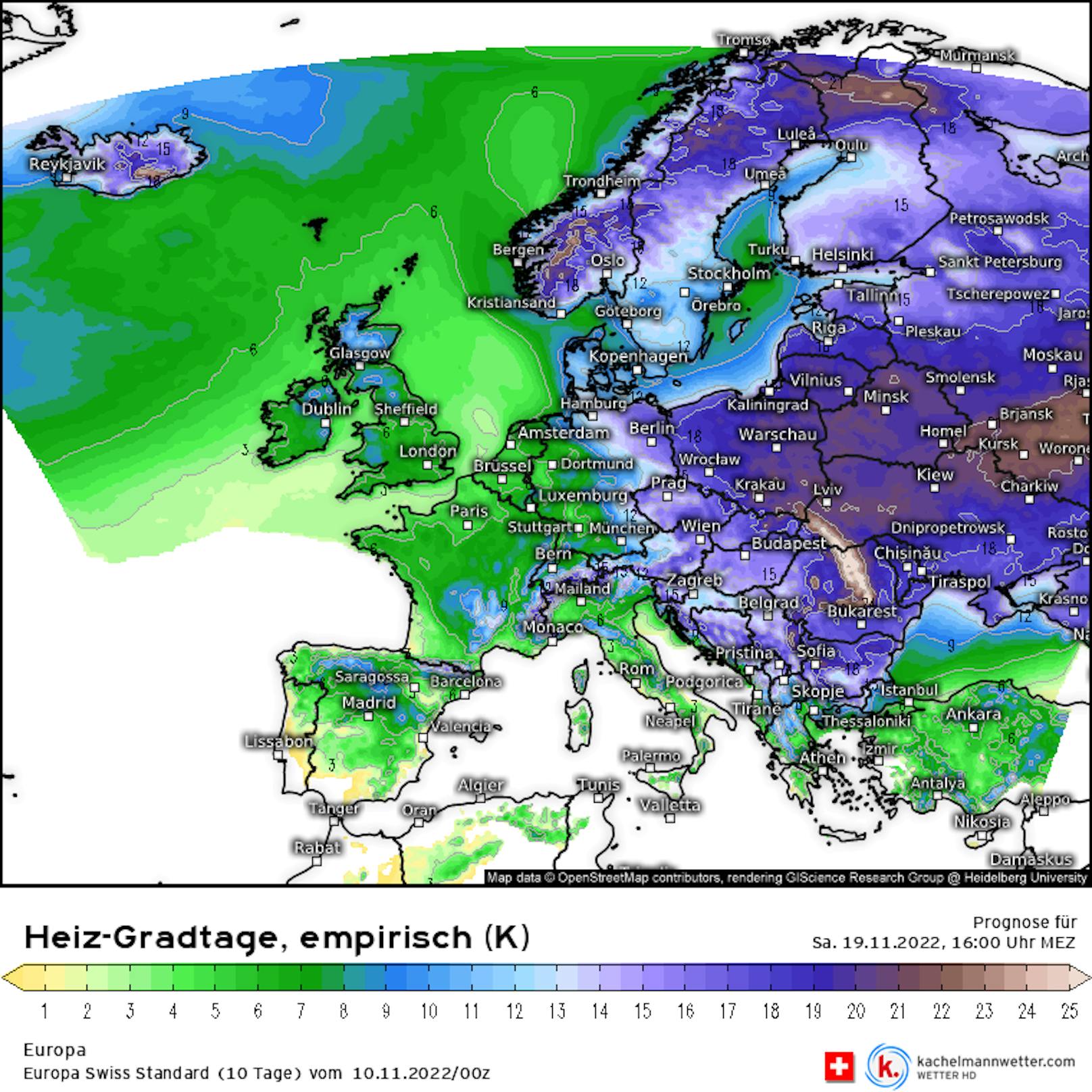Russische Kälte-Keule trifft Europa: Modellkarte für Samstag, 19.11.2022.