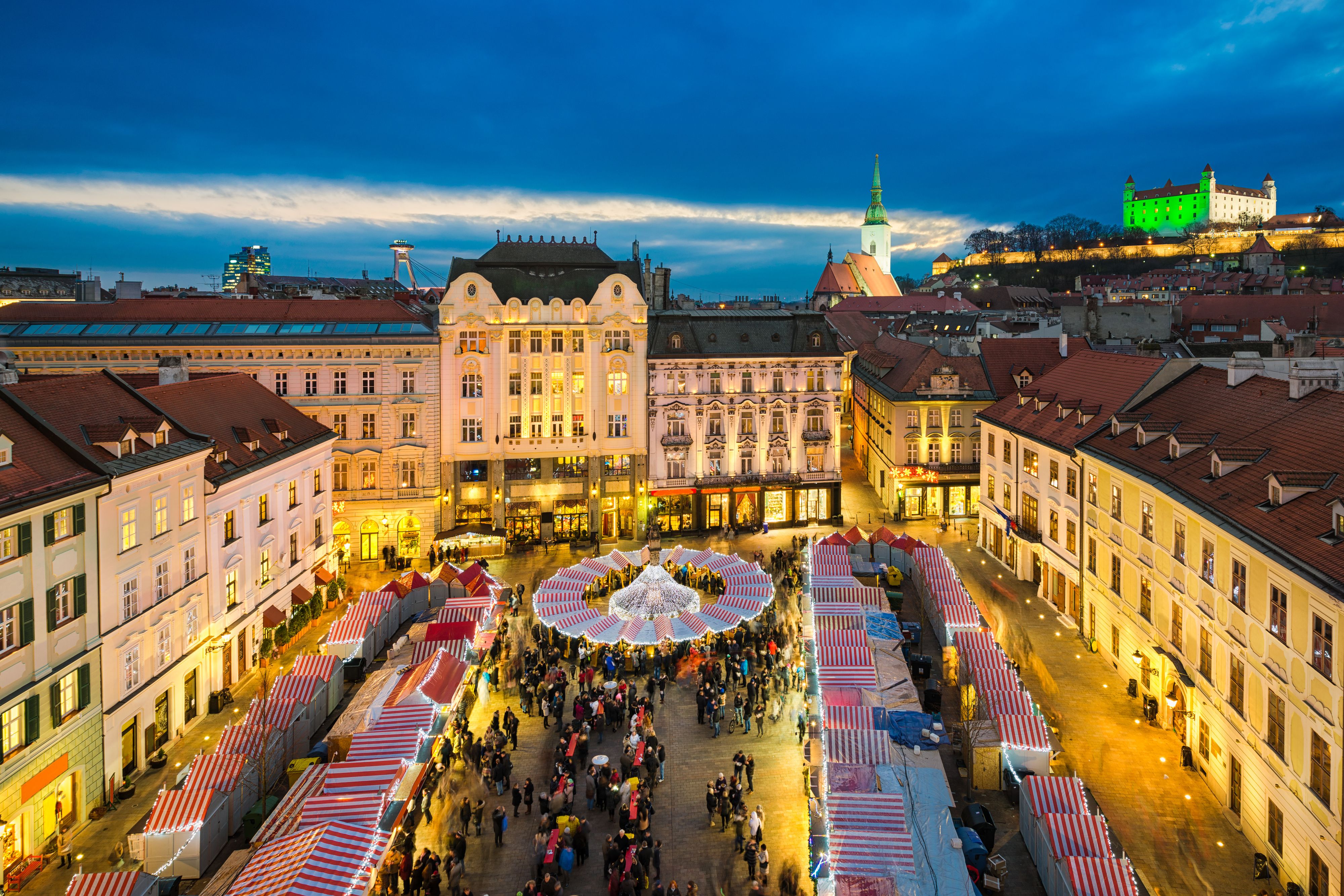 Christmas market in Bratislava, Slovakia at night