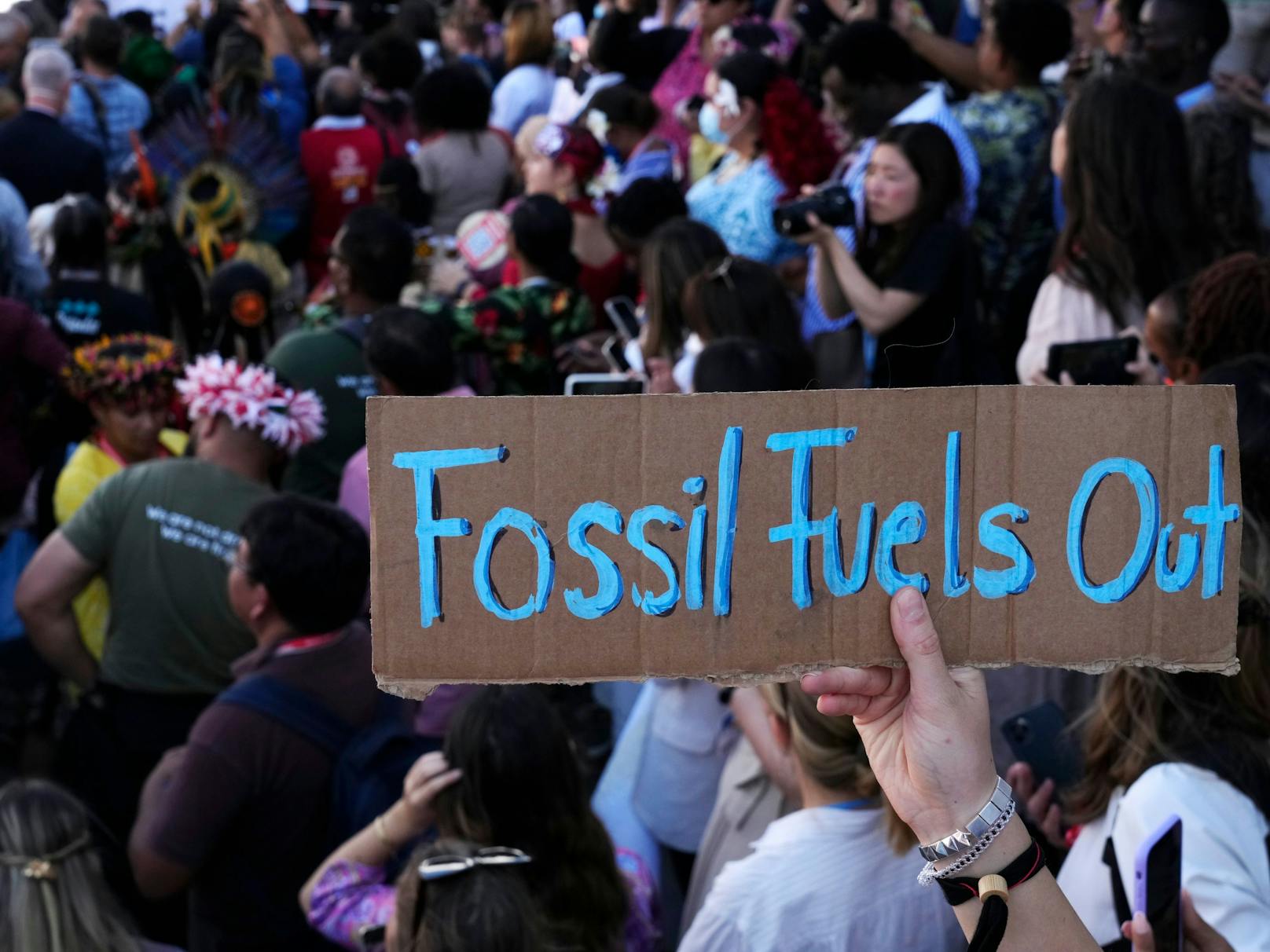 "Fossile Raus" fordern Demonstranten beim UN-Klimagipfel COP27 am Samstag in Sharm el-Sheikh.