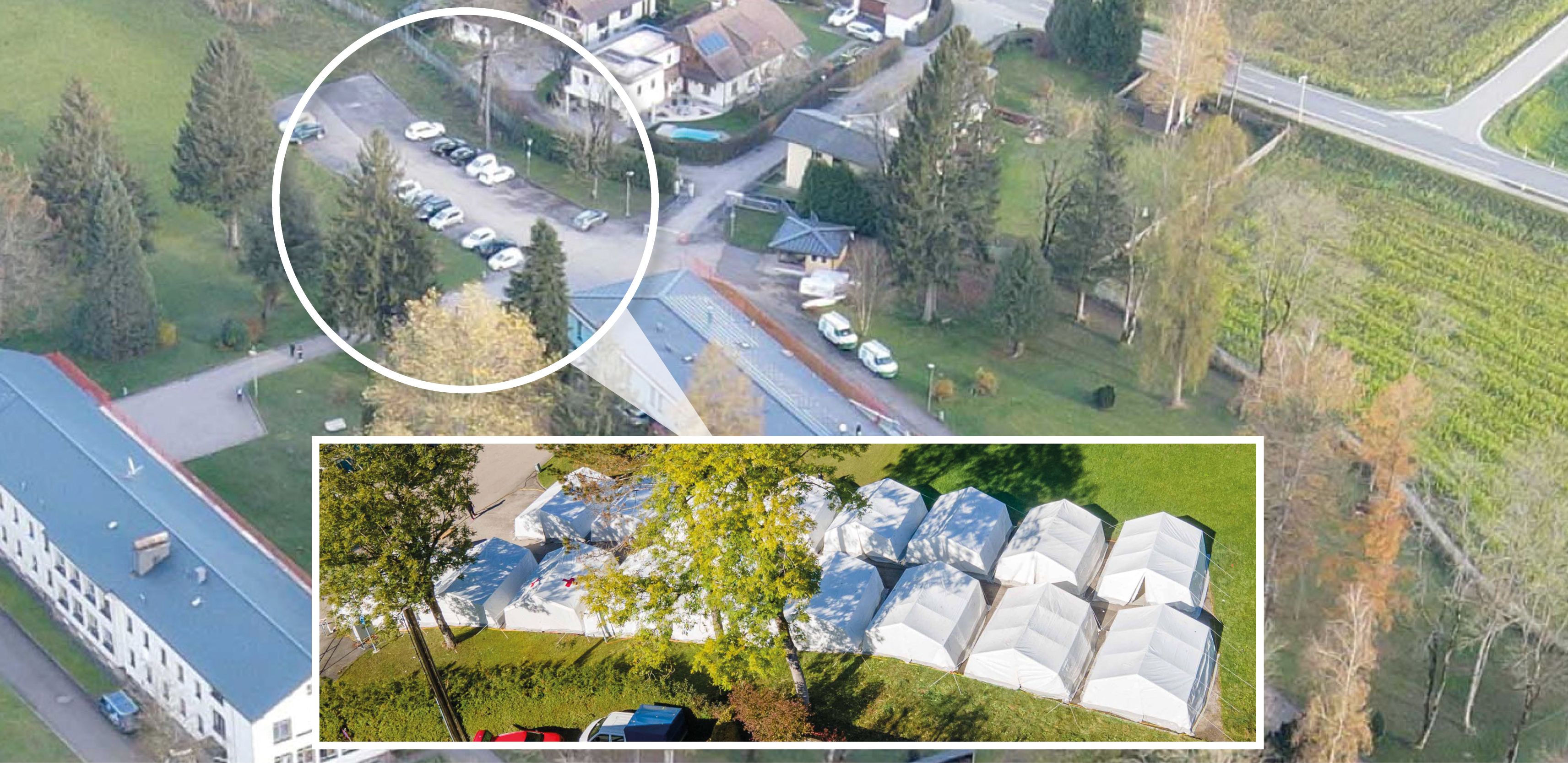 Das erste Beweisfoto: Auf dem Parkplatz, wo bis vor kurzem noch die Asyl-Zelte standen (Kreis), parken jetzt schon wieder Autos.