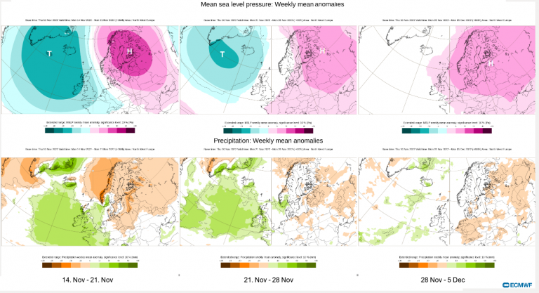 Tendenz der Druck- und Niederschlagsanomalien in den kommenden drei Wochen.