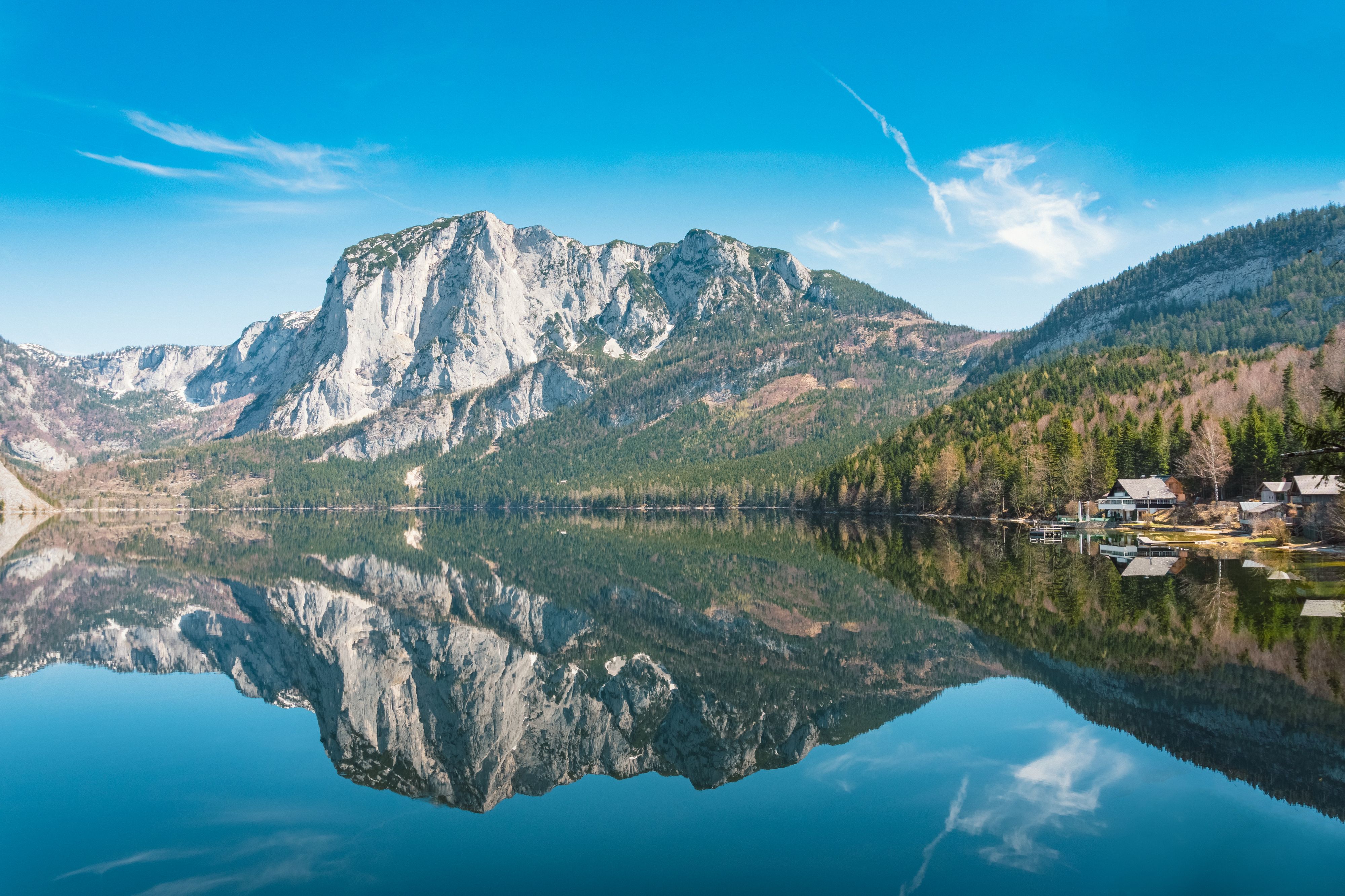 Trisselwand at the lake Altausseer See in Styria. Scenic panoramic landscape view in the Austrian alps.