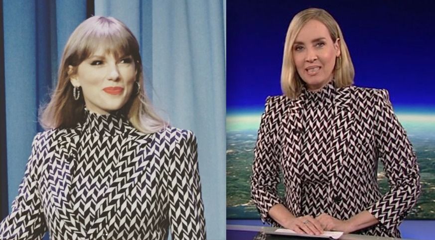 US-Megastar Taylor Swift (l.) war die Inspiration für das luxuriöse Outfit von ZIB-Moderatorin Nadja Bernhard (r.).