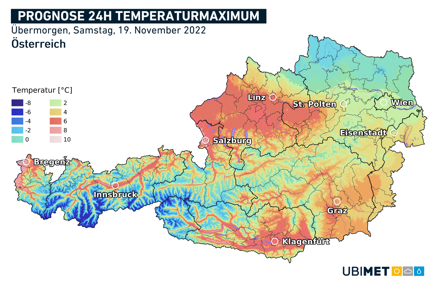 Die zu erwartenden Temperatur-Höchstwerte am Samstag,