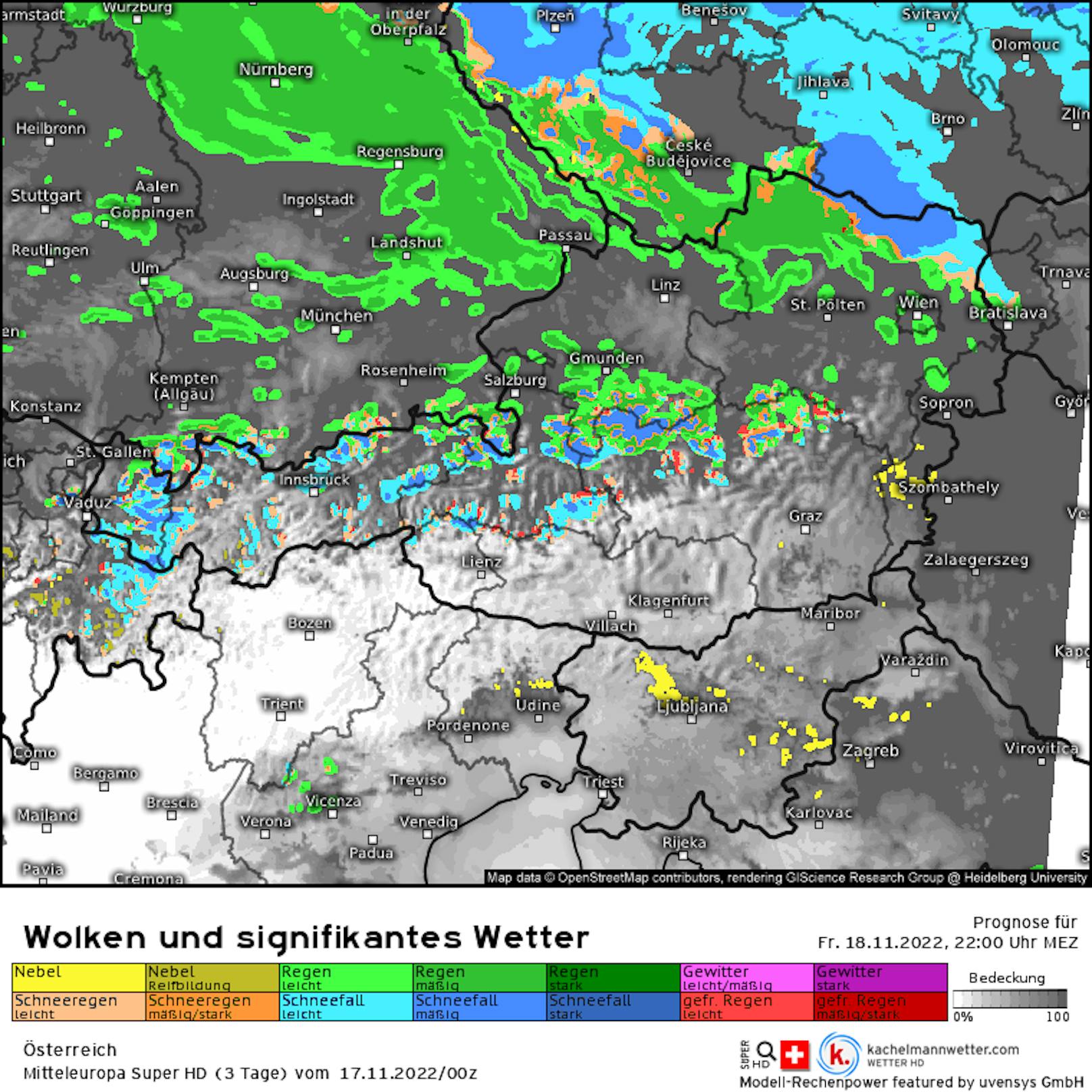 Freitag in der Nacht beginnt es: die <a data-li-document-ref="100238995" href="https://www.heute.at/g/kaelte-keule-bringt-schnee-jetzt-sogar-bis-nach-wien-100238995">Kälte-Keule bringt Schneefall</a> (blau) ins nördliche Weinviertel. Dieser zieht dann weiter bis nach Wien.