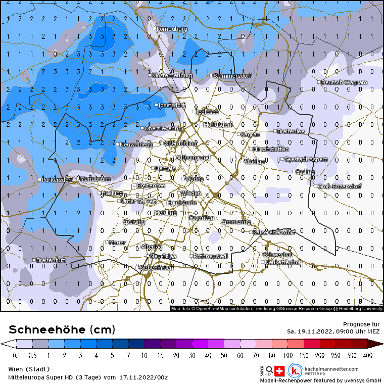 Errechnete Schneehöhe am Samstag, 9 Uhr morgens, in Wien.