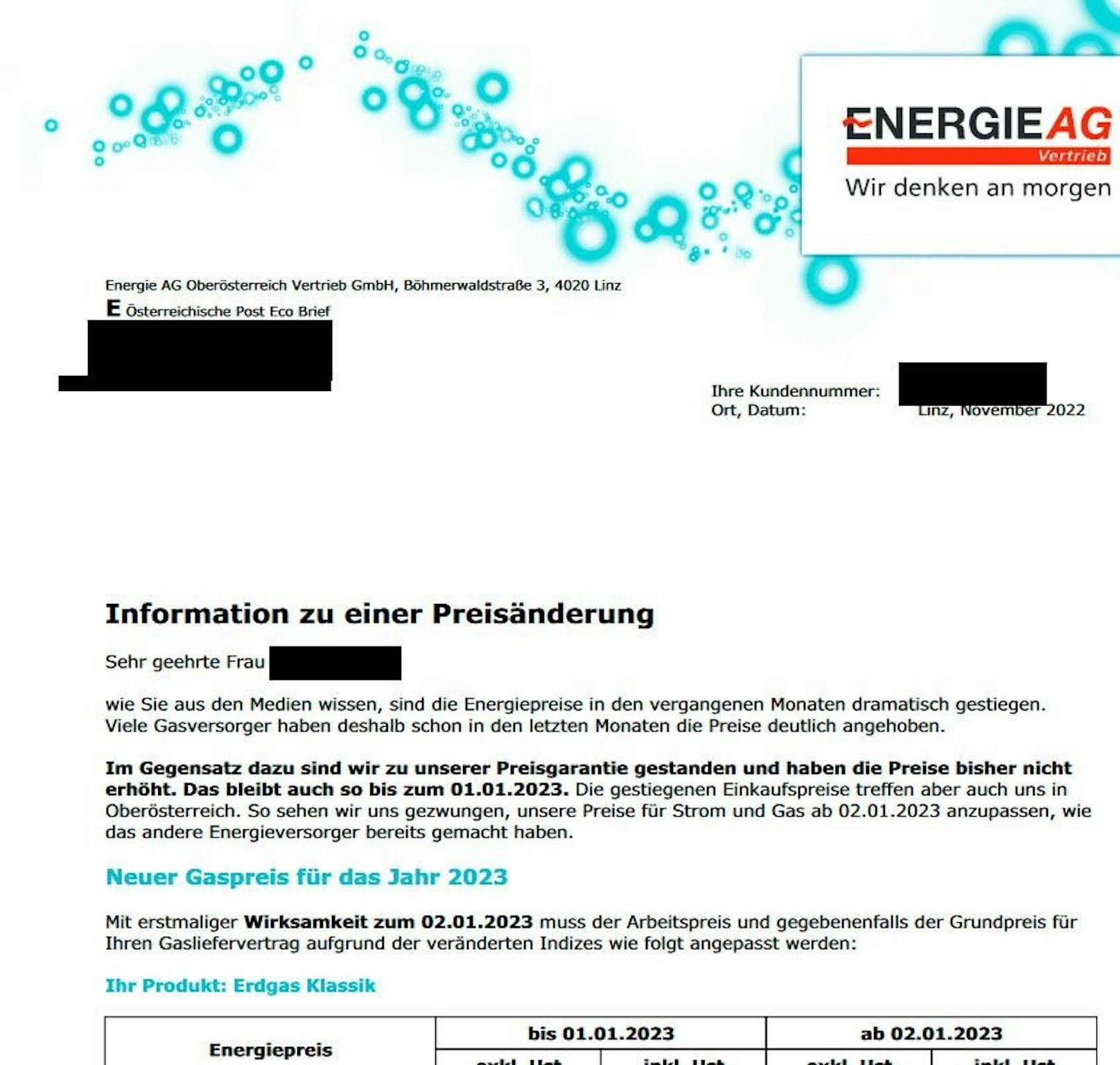 In dem Brief informiert die Energie AG über die kommenden Preiserhöhungen.