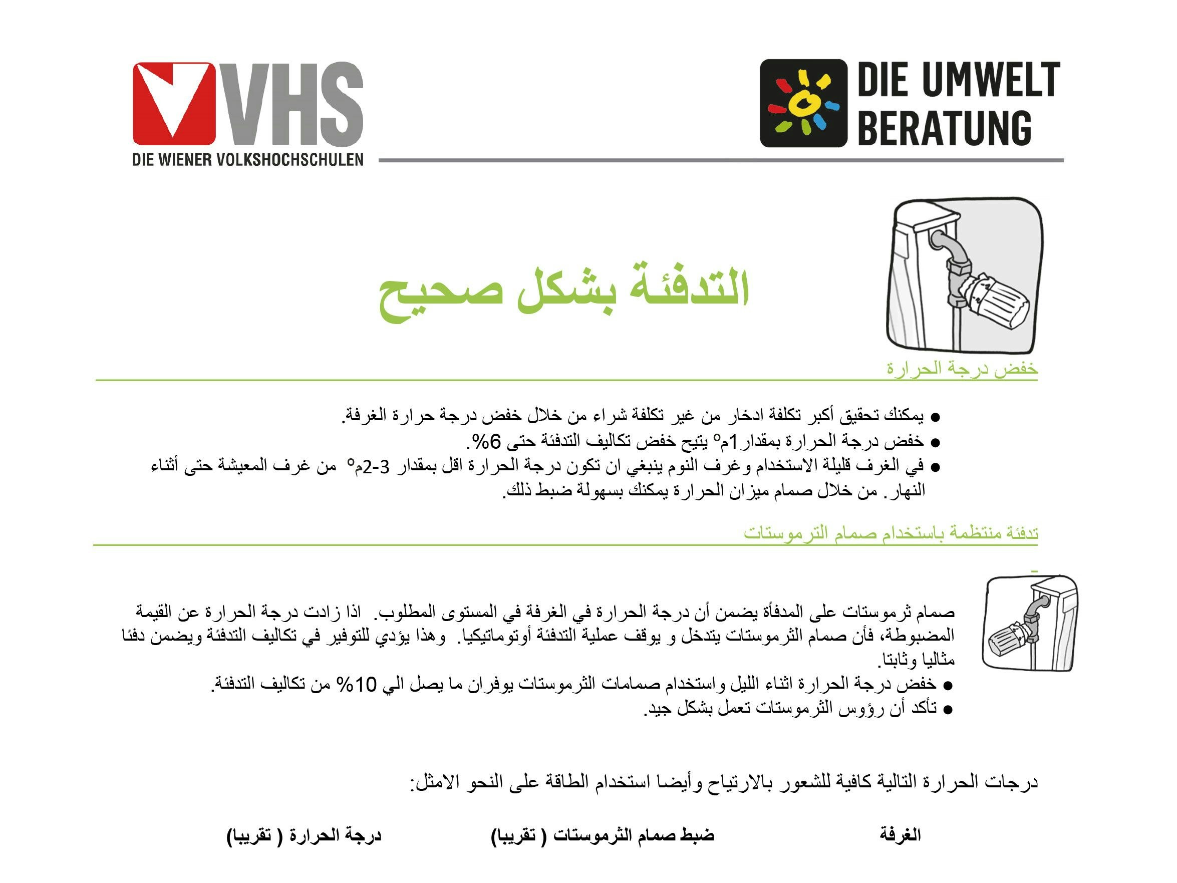 Spartipps zum richtigen Heizen auf Arabisch von der Umweltberatung.