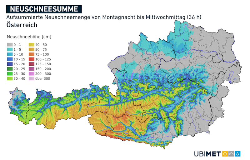 UBIMET-Prognose der aufsummierten Neuschneemenge bis Mittwochmittag.