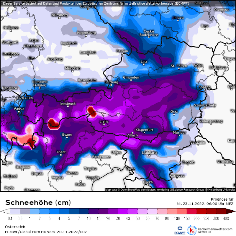 Prognose der Schneemenge bis Mittwochfrüh, 6 Uhr, im Vorhersagemodell ECMWF.