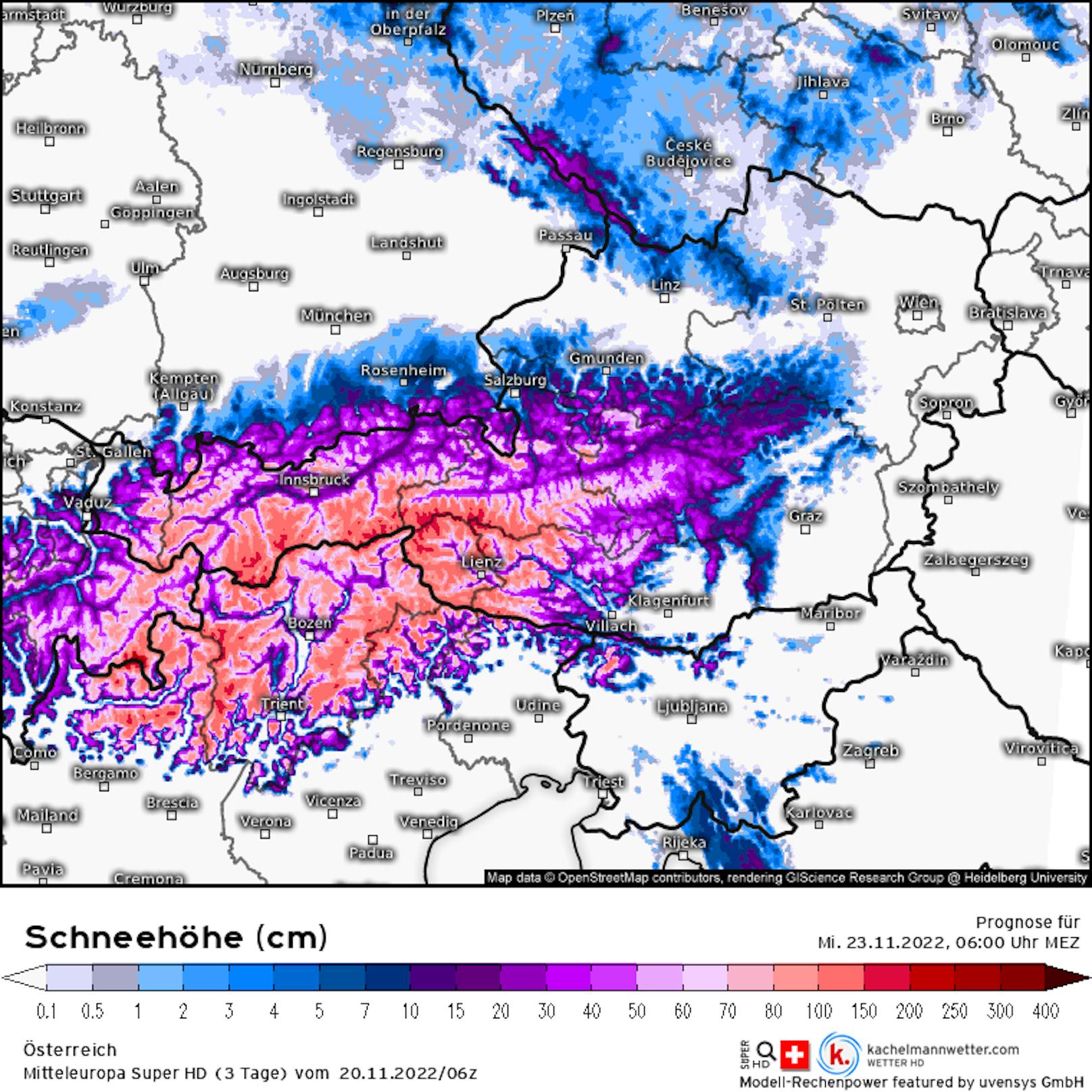 Prognose der Schneemenge bis Mittwochfrüh, 6 Uhr, im Modell "Mitteleuropa Super HD".
