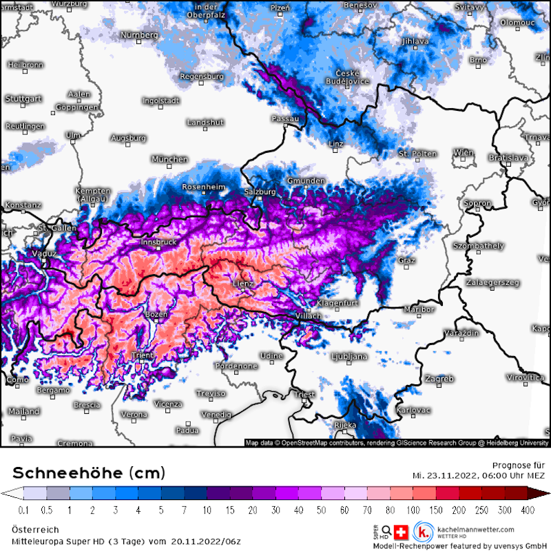 Prognose der Schneemenge bis Mittwochfrüh, 6 Uhr, im Modell "Mitteleuropa Super HD".