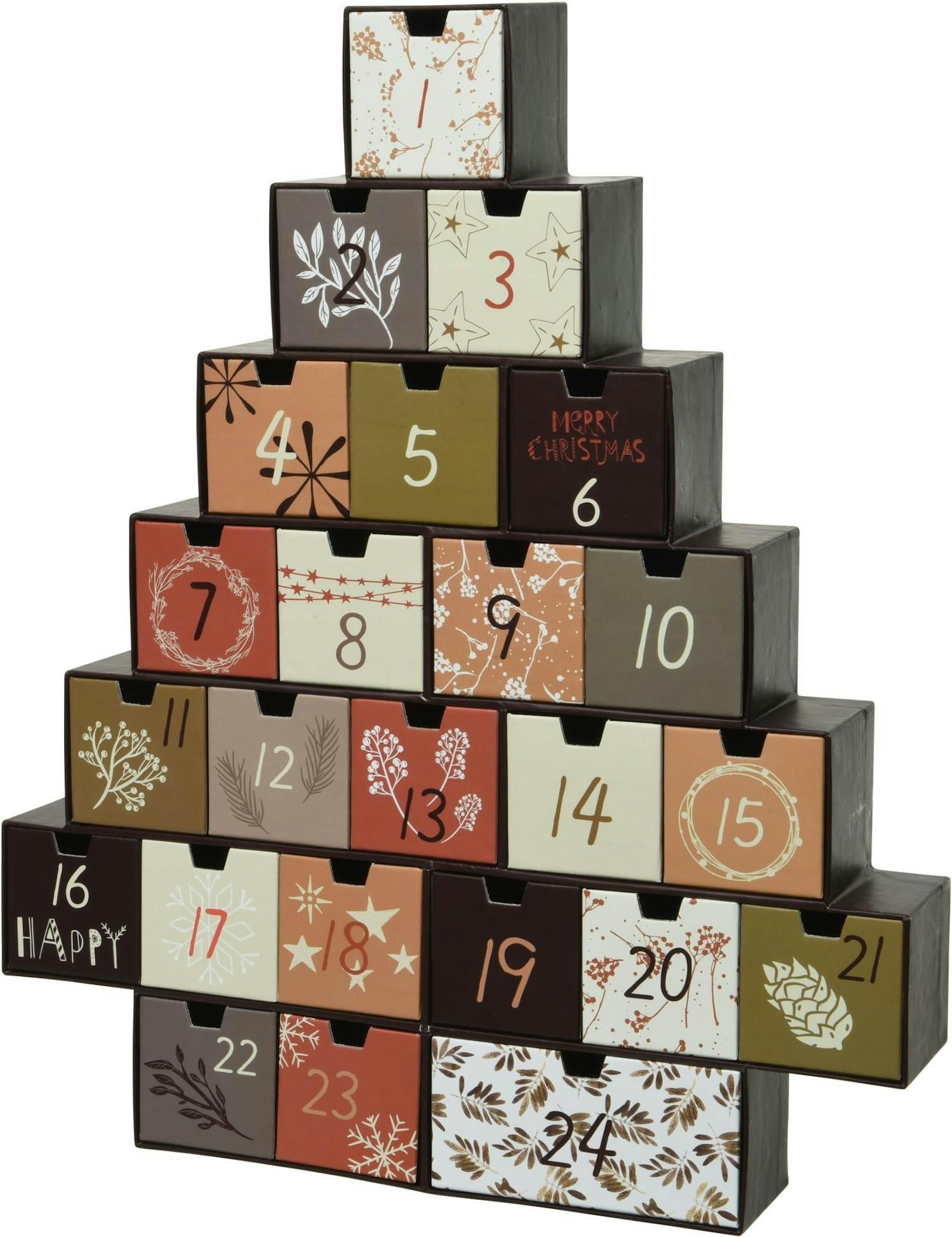 Der Adventkalender&nbsp;Riko aus Holz kommt in Weihnachtsbaumform daher. Erhältlich bei <a href="https://www.westwingnow.de/adventskalender-riko-130634.html">WestwingNow</a> um 39,99 Euro.