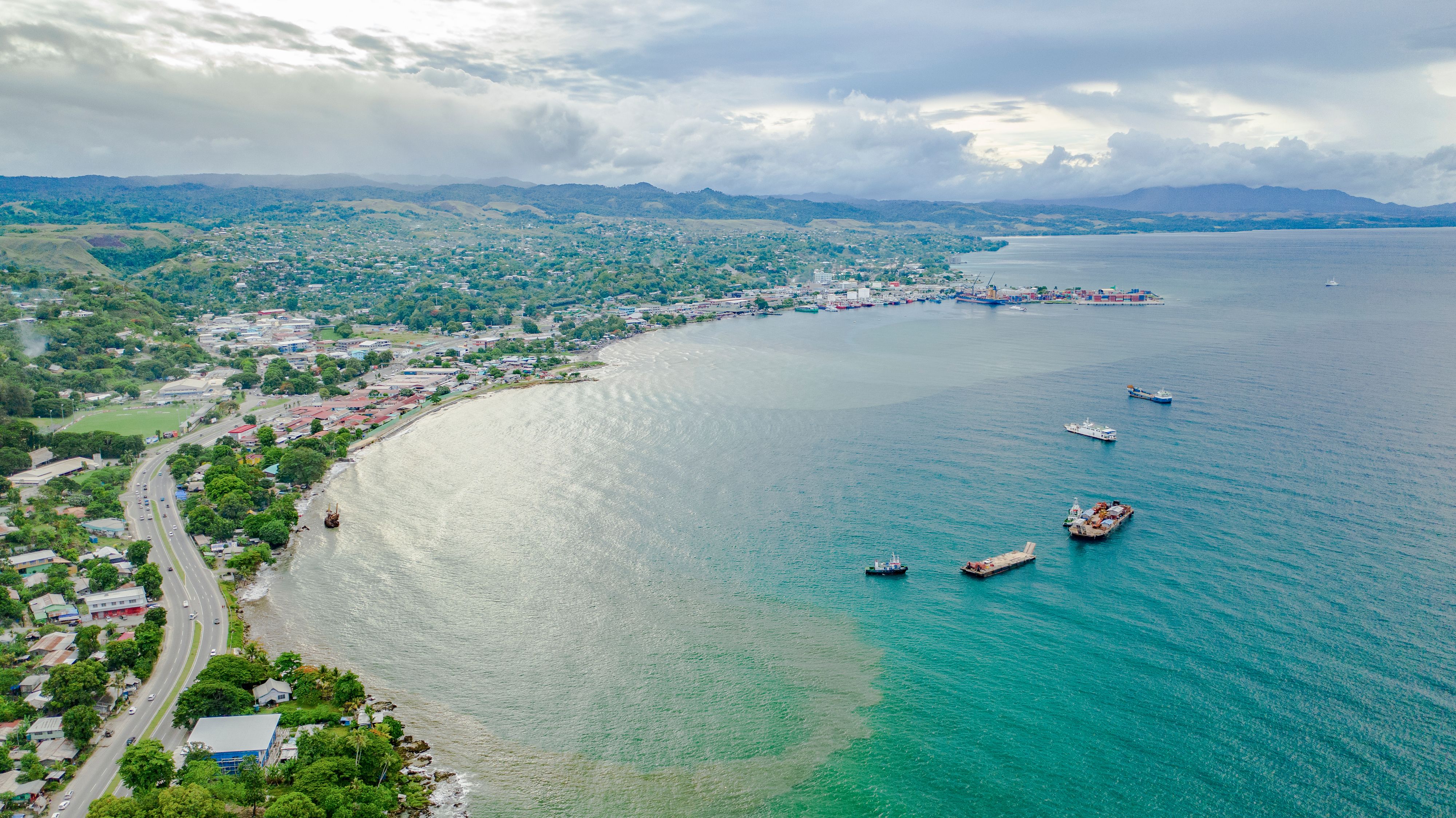 An aerial view of ships and boats anchored at the harbour in Honiara.