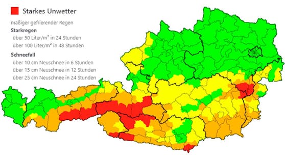 Schnee und Starkregen-Warnungen am Dienstag, 22.11.2022, in Österreich.