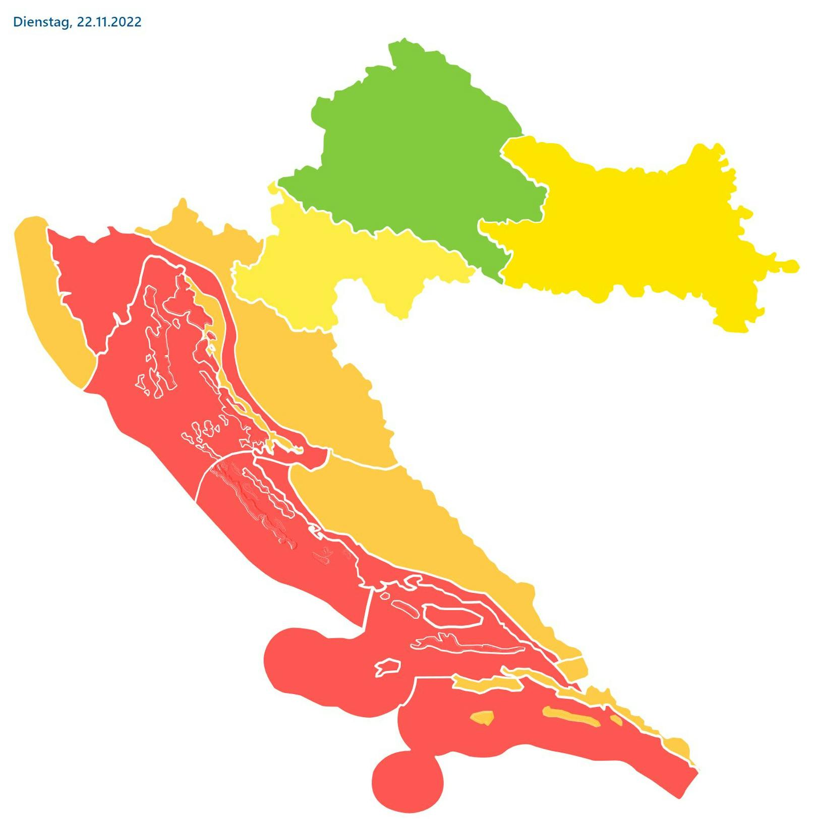 Beinahe entlang der gesamten kroatischen Adriaküste wurde für den 22. November eine rote Unwetterwarnung ausgegeben.