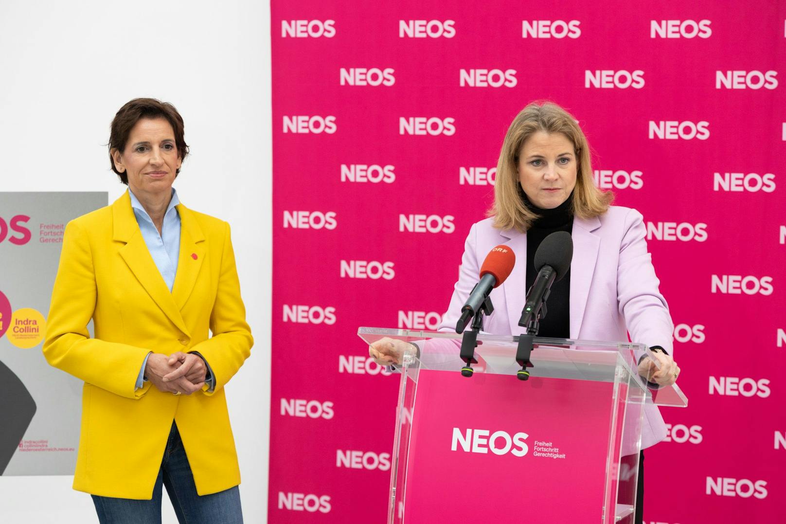 "Keine Macht der Korruption" fordern NEOS-Bundesvorsitzende Beate Meinl-Reisinger (r.) und Landessprecherin Indra Collini (l.).