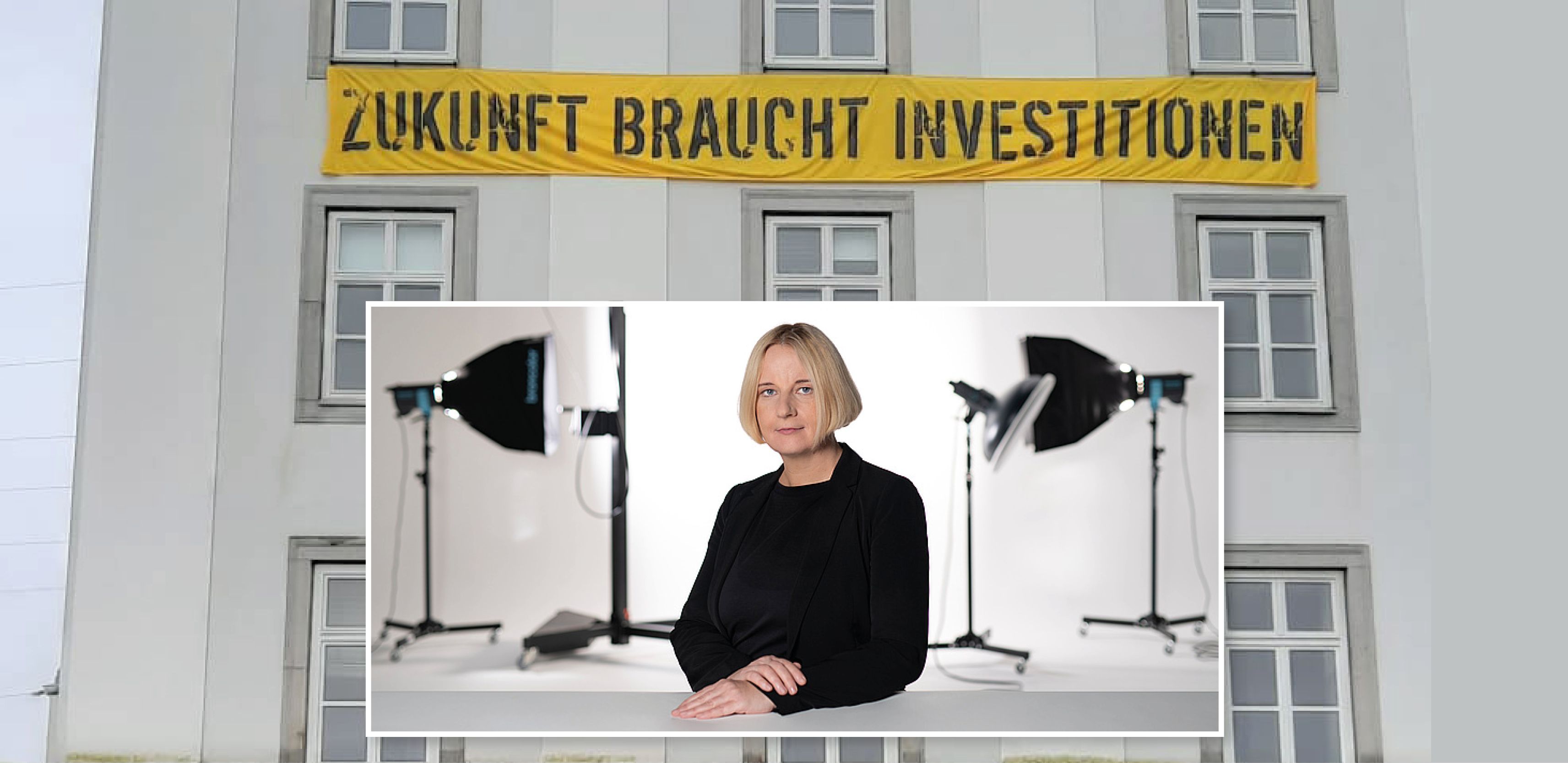 Mit einer eindringlichen Botschaft am Gebäude macht Kunstuni-Linz-Rektorin Hütter auf die prekäre finanzielle Lage aufmerksam.