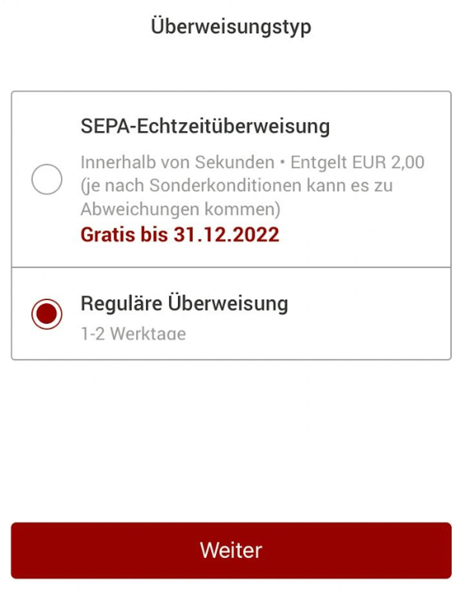 In der E-Banking App stehen diese zwei Überweisungstypen zur Auswahl.