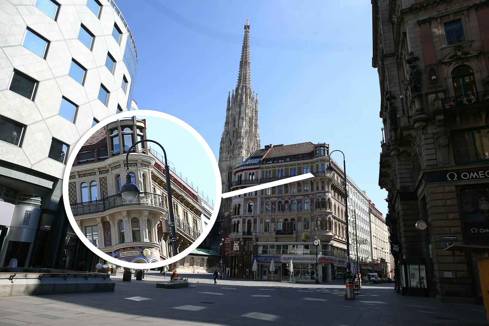Die beschriebene Drei-Zimmer-Wohnung mit Balkon in der Wiener Innenstadt.
