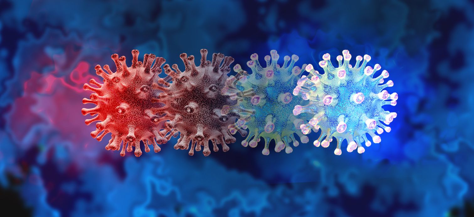 Mutating virus concept and new coronavirus b.1.1.7 variant outbreak or covid-19 viral cell mutation and influenza background as dangerous flu strain medical health risk with disease cells as a 3D render.