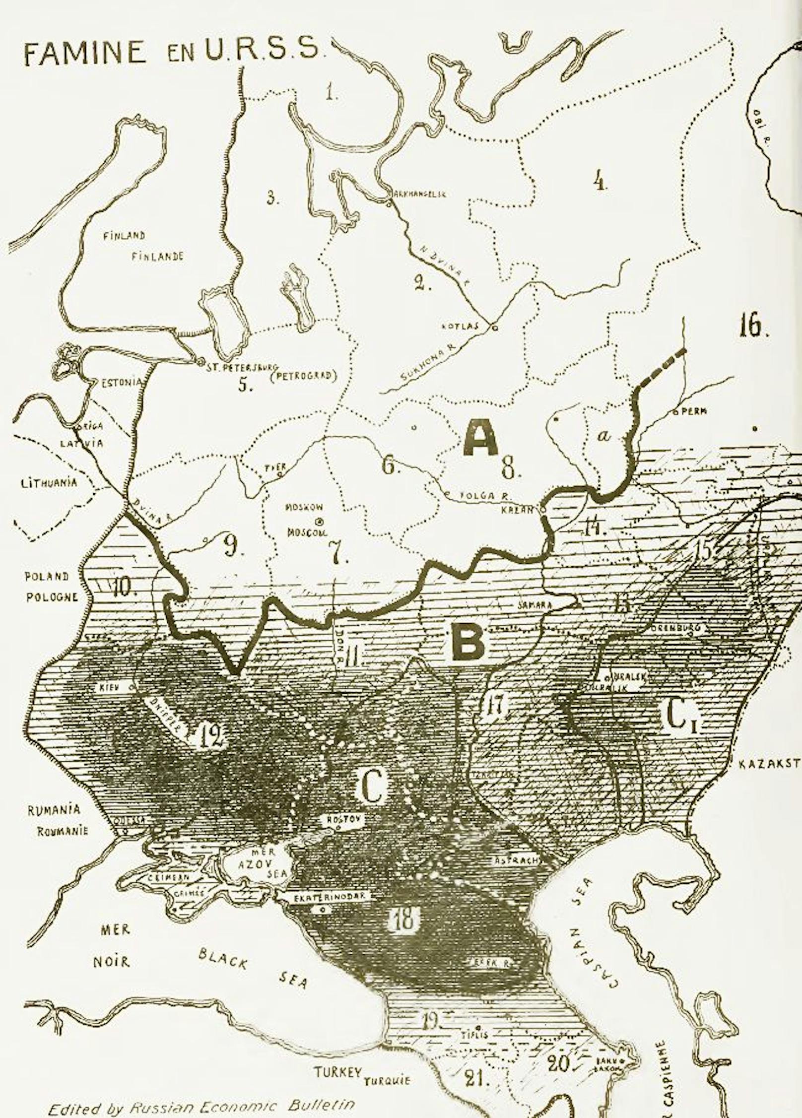 <strong>Zeitgenössische Darstellung der großen Hungersnot 1933</strong>. Wo Getreide angebaut wurde (B), wurde es von den Sowjets beschlagnahmt und in Zone A konsumiert (Moskau und St. Petersburg). Je dunkler die markierte Fläche, desto schlimmer war die Hungersnot hier. Darunter auch die Ukraine (12).