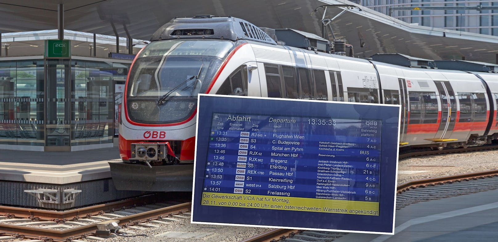Am Montag fallen in ganz Österreich die Züge aus; an den Bahnhöfen wird prominent vor dem Streik gewarnt.