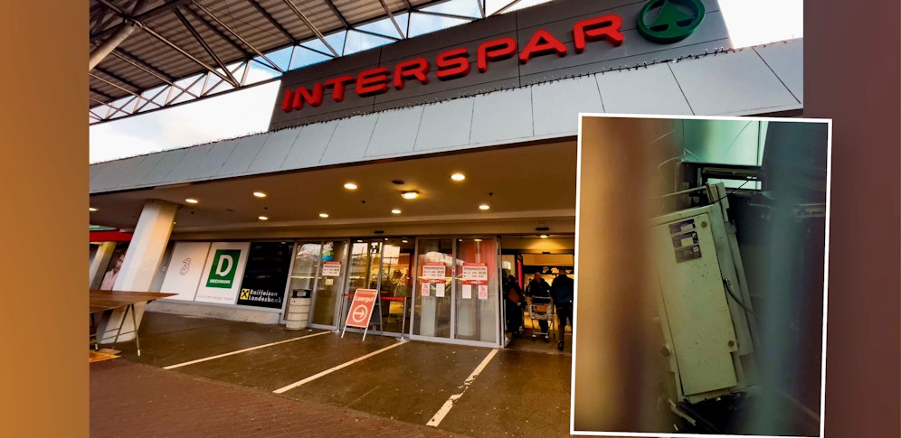 Einer der zwei Bankomaten (siehe kleines Bild), die in einem Linzer Einkaufszentrum gesprengt wurden.