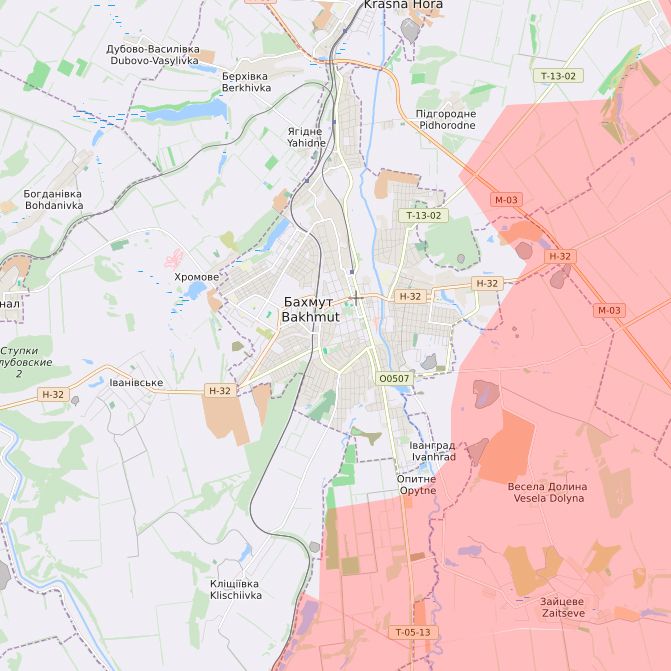 Um die Stadt Bachmut wird seit Monaten heftigst gekämpft. Die Russen (rot) sind mit 28.11. bereits bis an den Stadtrand herangerückt. 