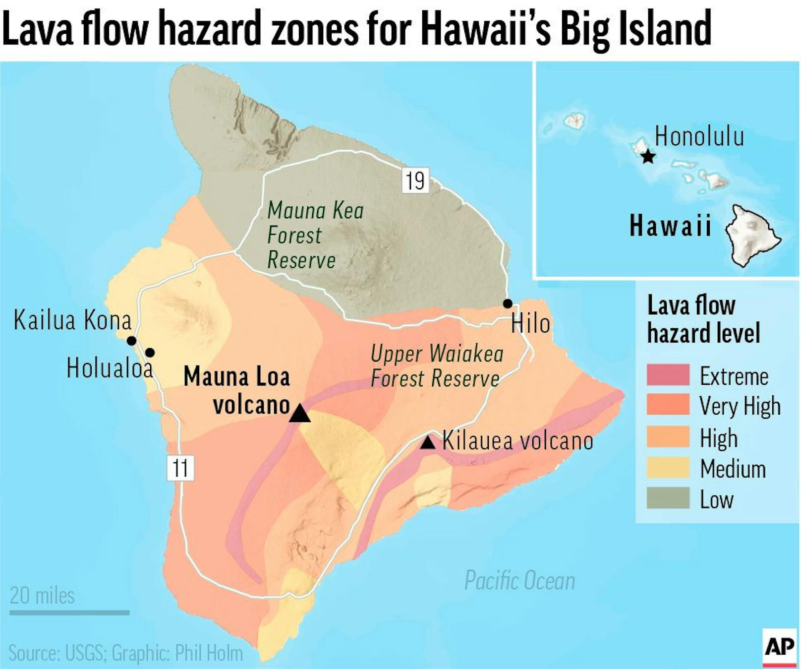 Der Boden am Mauna Loa, dem größten aktiven Vulkan der Welt, bebt und schwillt an, was darauf hindeutet, dass er ausbrechen wird. Die Behörden von Hawaii raten den Bewohnern, sich auf einen möglichen Ausbruch vorzubereiten. Diese Karte zeigt die Gefahrenzonen für Lavaströme auf der Insel.