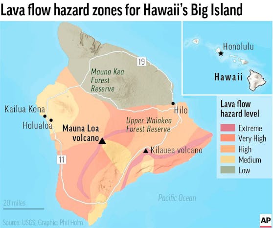 Der Boden am Mauna Loa, dem größten aktiven Vulkan der Welt, bebt und schwillt an, was darauf hindeutet, dass er ausbrechen wird. Die Behörden von Hawaii raten den Bewohnern, sich auf einen möglichen Ausbruch vorzubereiten. Diese Karte zeigt die Gefahrenzonen für Lavaströme auf der Insel.