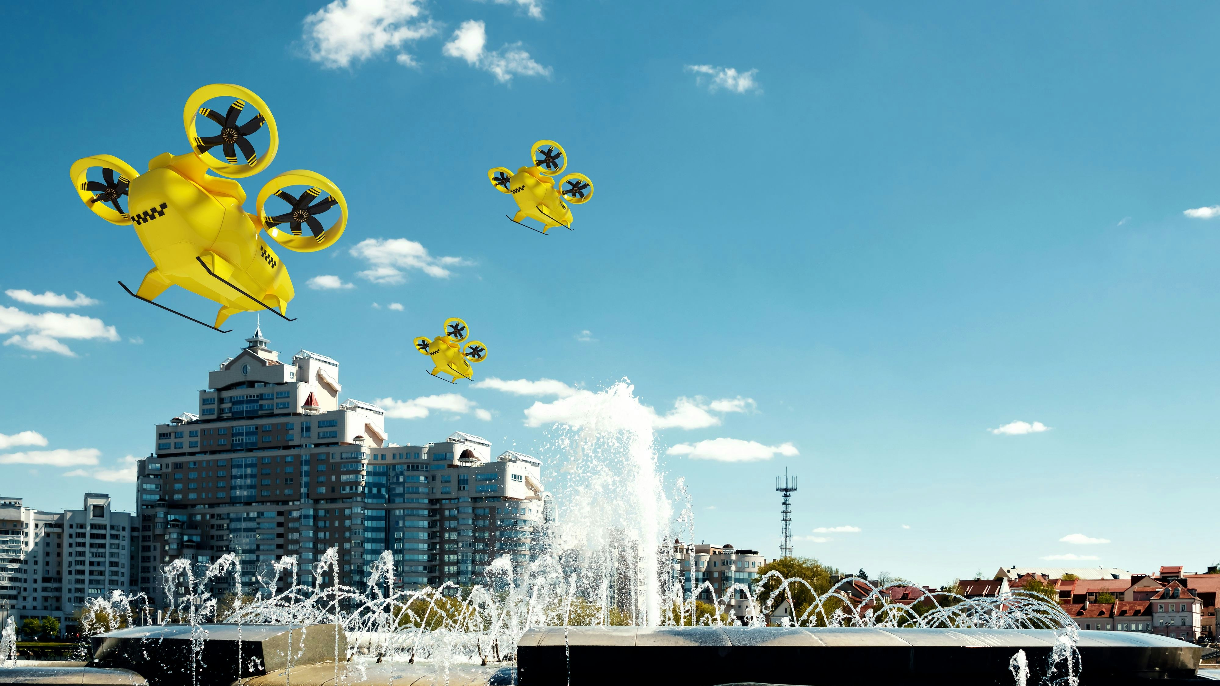 Yellow flying taxi against the sky, city electric transport drone. Car with propellers, clean air, fast ride. Mixed media, copy space