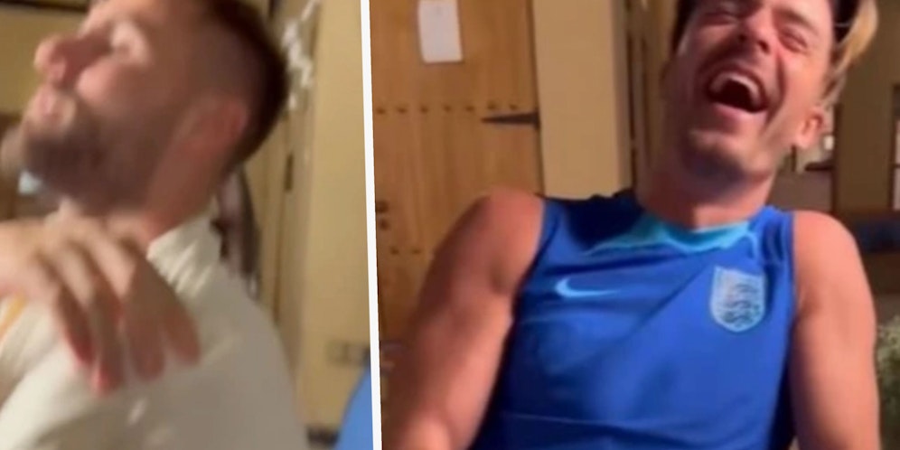 Luke Shaw wird von einem Vogel getroffen, Jack Grealish biegt sich vor lachen.