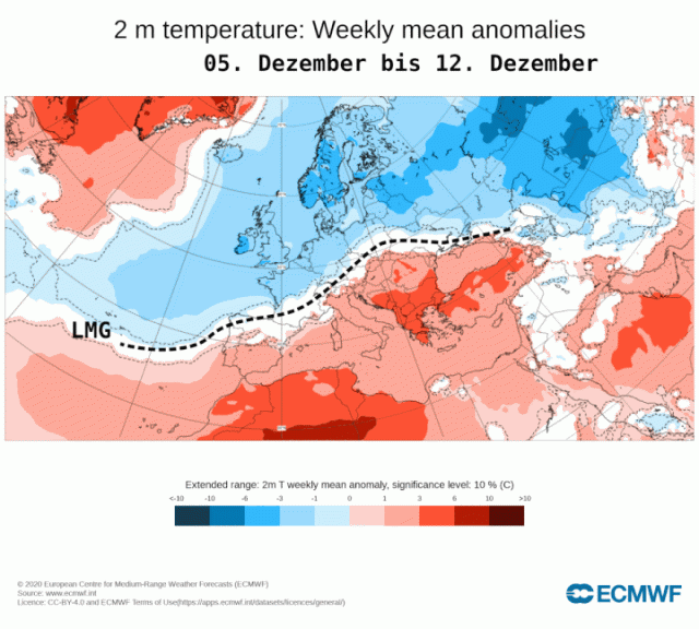 Prognose der Temperaturanomalien (rot = zu mild, blau = zu kalt) für die kommende Woche.