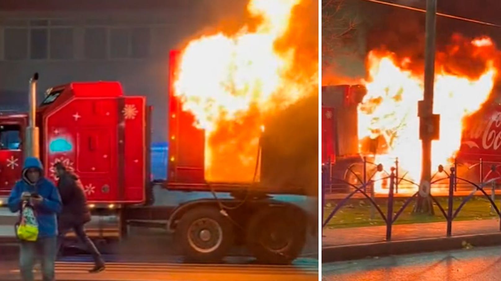 Coca-Cola-Weihnachtstruck geht auf Straße in Flammen auf