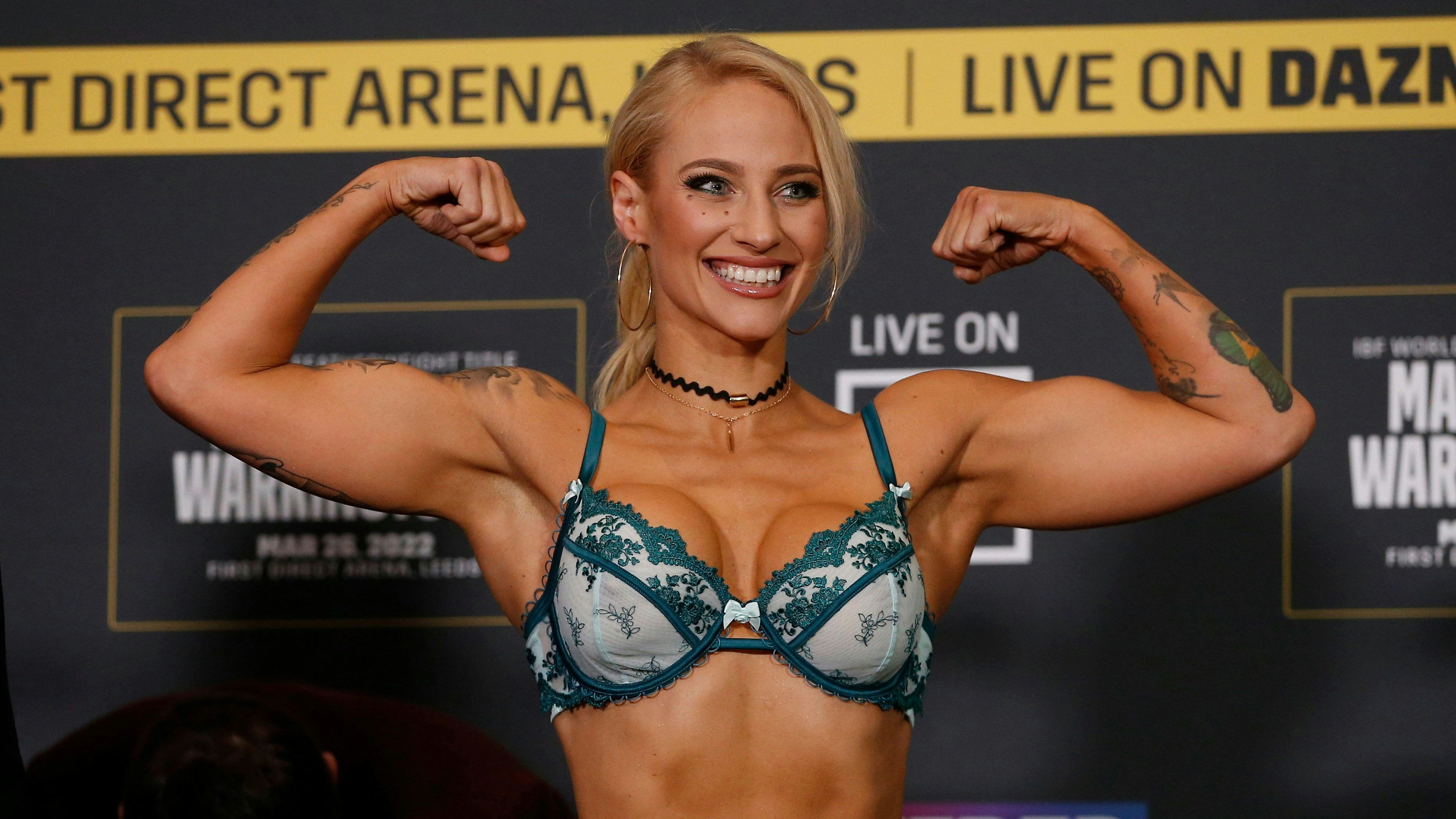Boxing - Kiko Martinez v Josh Warrington Weigh-in - Leeds, Britain - March 25, 2022 Ebanie Bridges during the weigh in Action Images via Reuters/Craig Brough