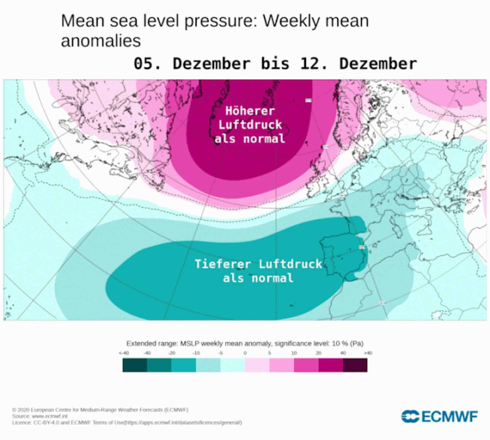 Prognose der wöchentlichen Druckanomalien (violett = höherer Luftdruck als üblich, blau/grün = tieferer Luftdruck als üblich) für die kommenden drei Wochen. 